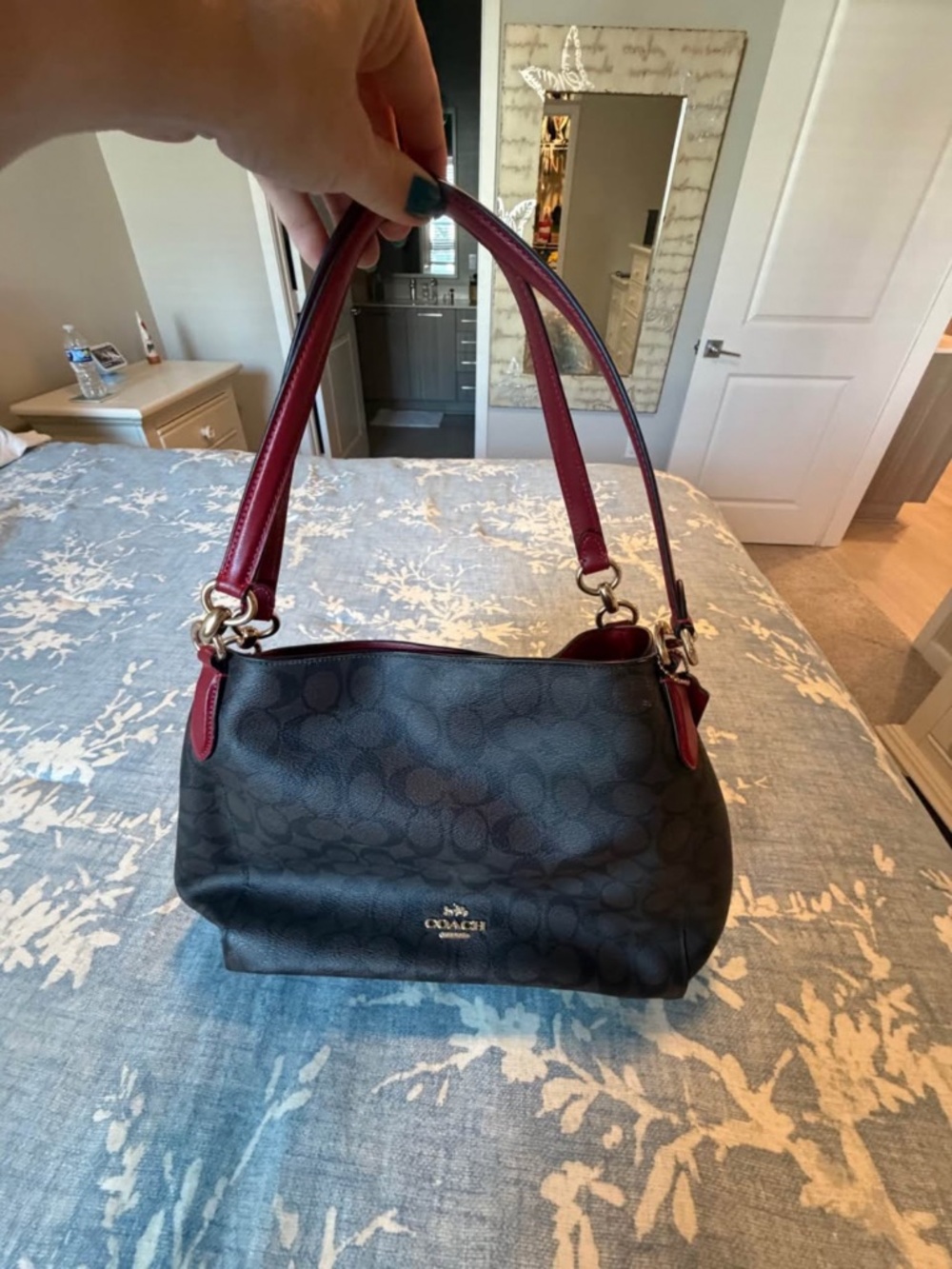 Coach Black Signature Canvas Shoulder Bag with Burgundy Handles
